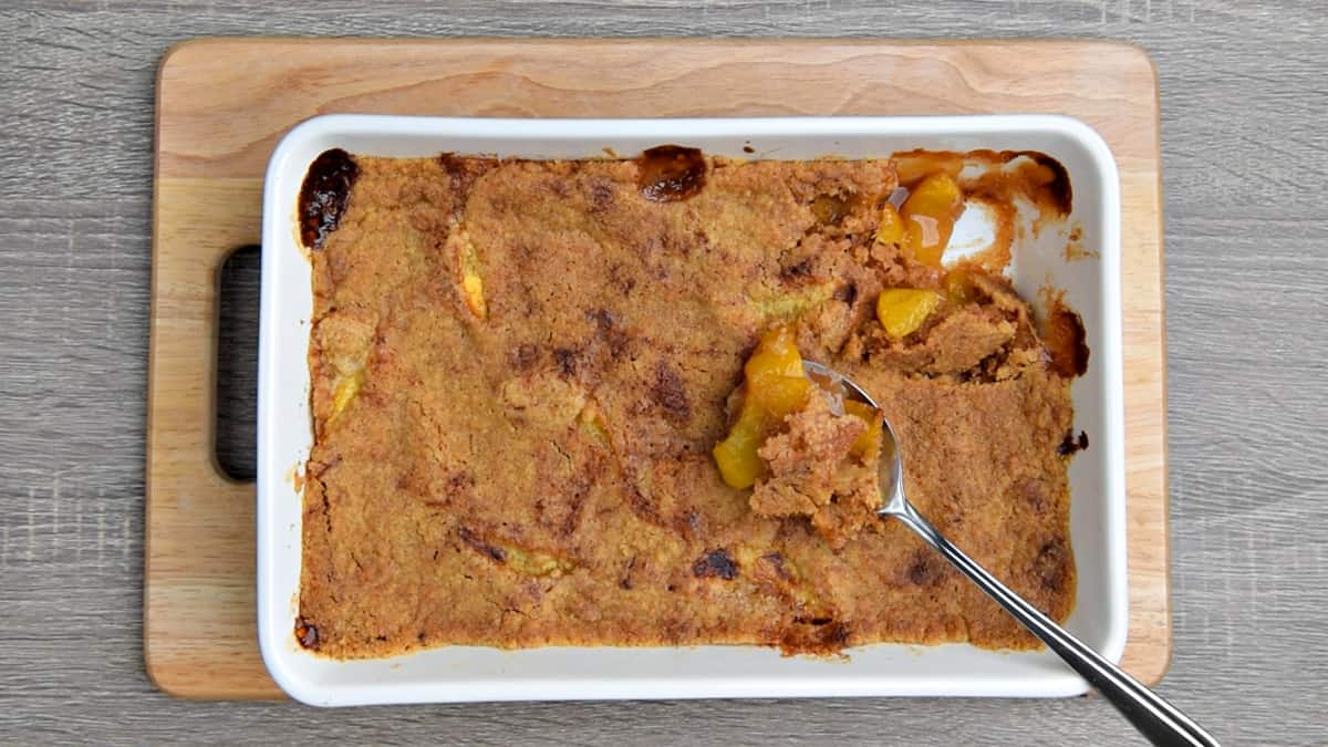 overhead shot of completed peach cobbler after baking