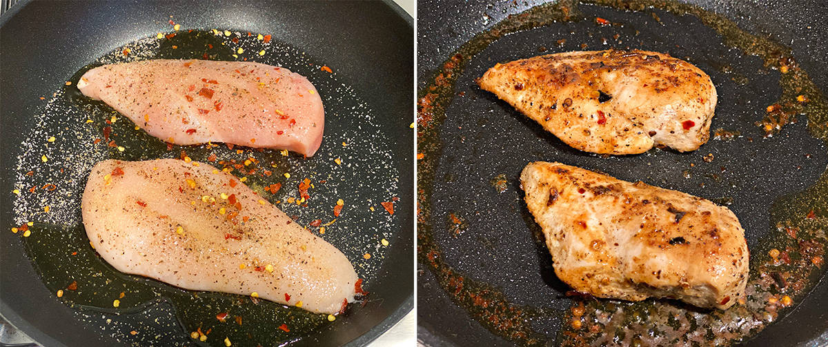 side by side images of raw chicken breast and cooked chicken breasts in a sauté pan