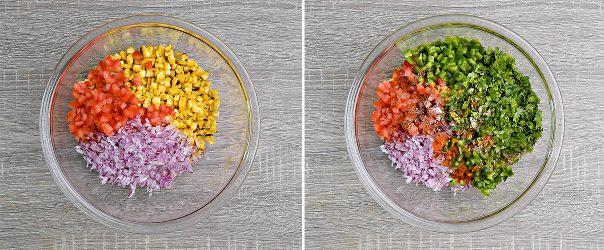 two step collage - roasted corn, chopped tomatoes and red onions in a bowl on the left, remaining salsa ingredients added to same bowl on right