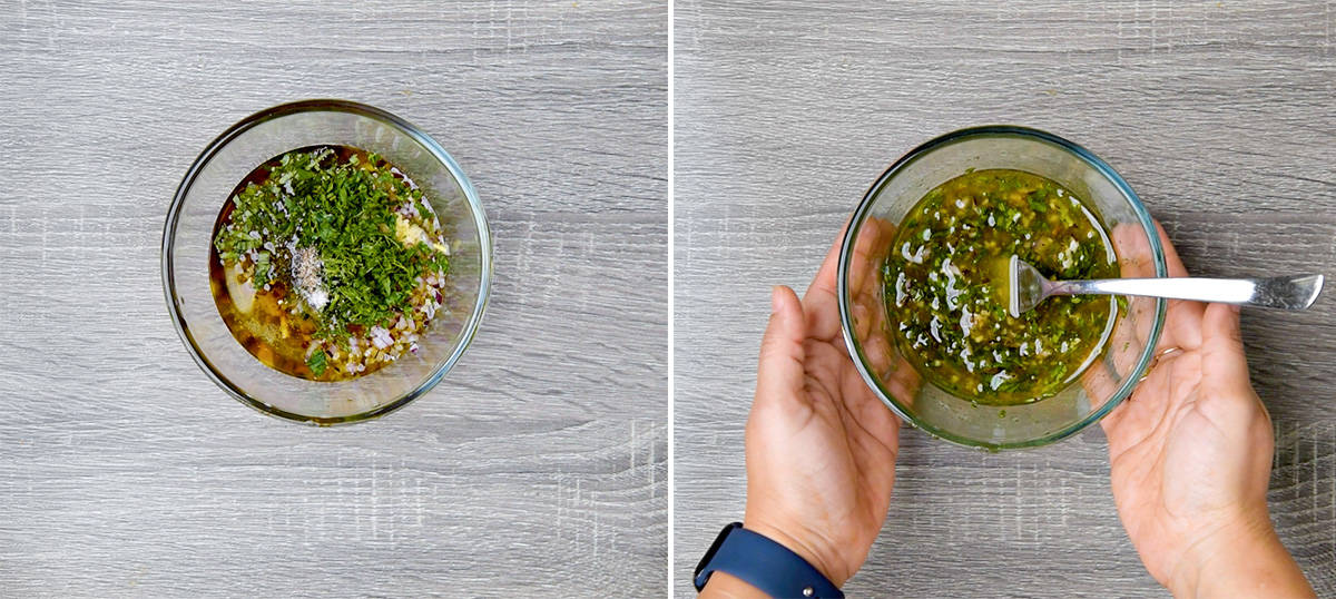 two step collage showing marinade ingredients in bowl on the left and ready marinade on right