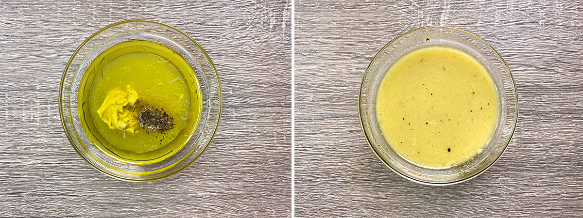 side by side ingredients showing oil, lemon and dijon in a mixing bowl on the left, and the emulsified peach salad dressing on the right