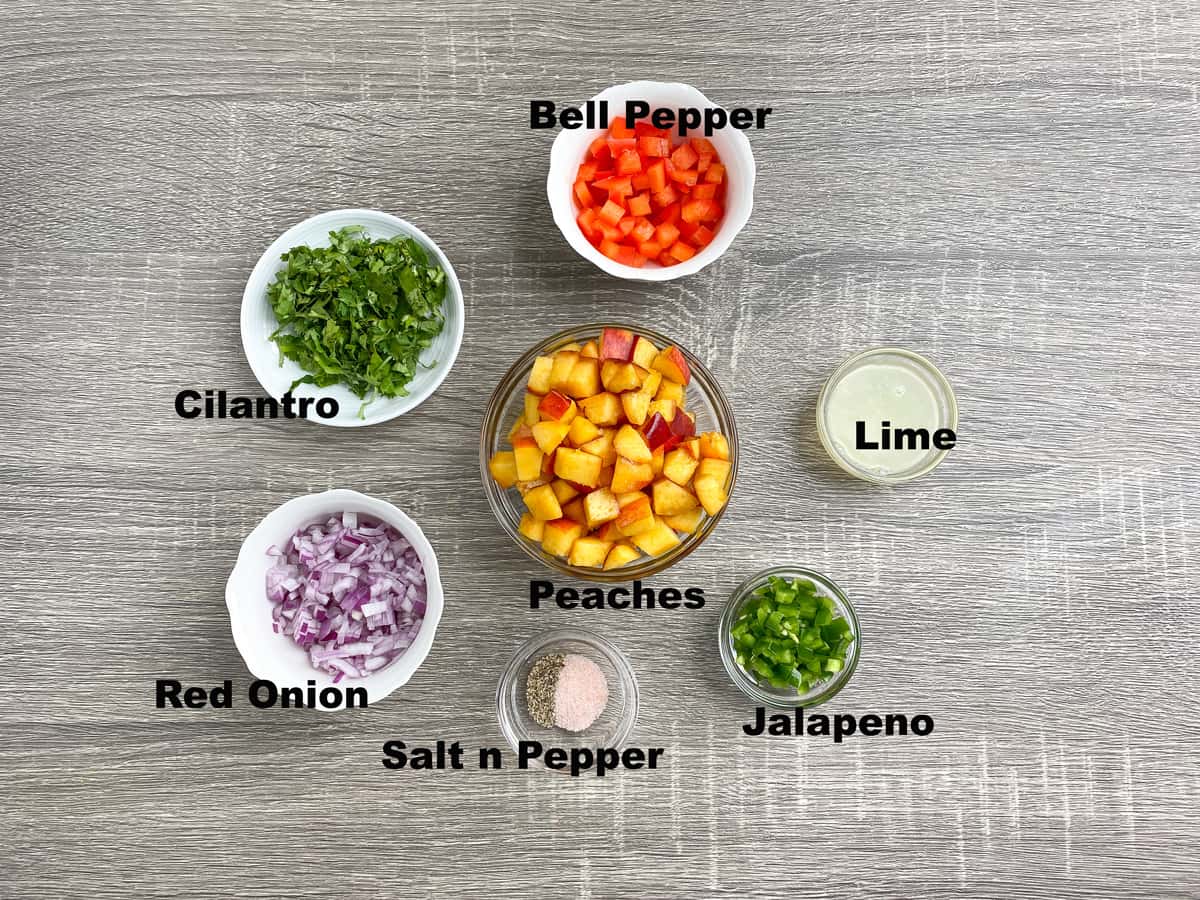 ingredients for making easy homemade peach salsa chopped and measured out into bowls