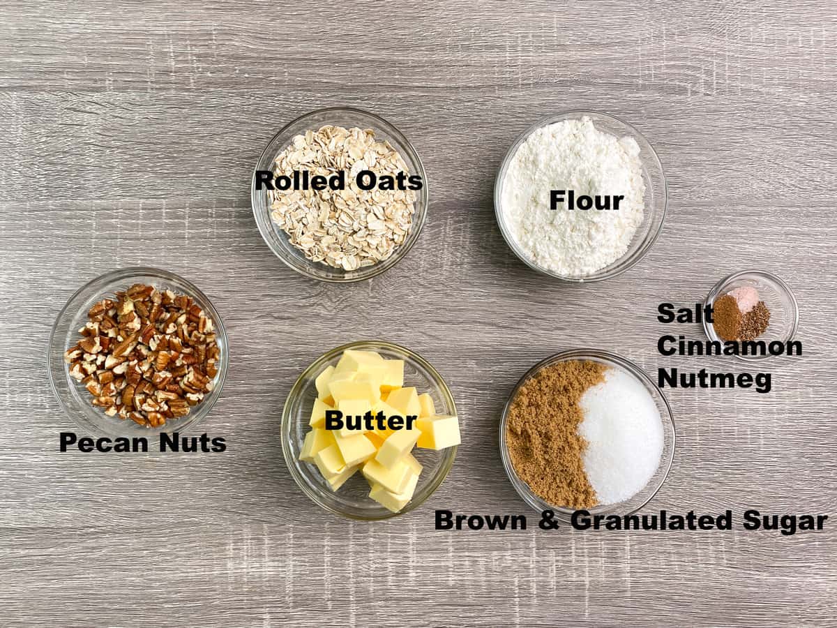 ingredients for fruit crisp topping measured out into bowls