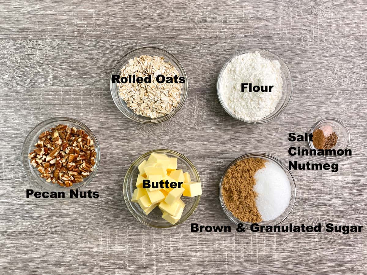 ingredients for fruit crisp topping measured out into bowls