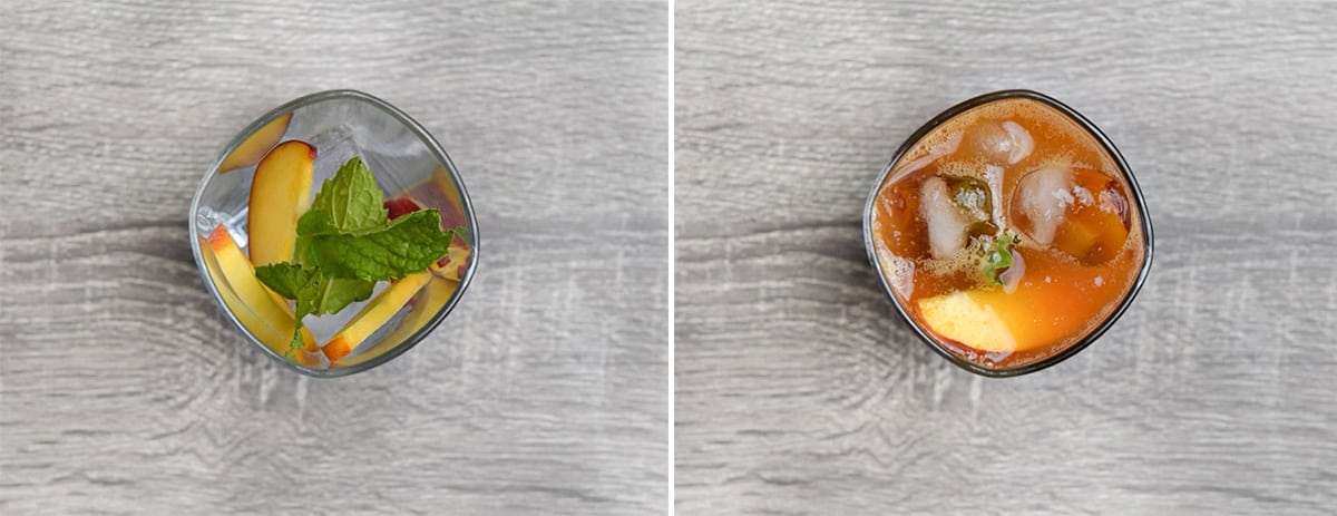 two step collage of serving iced tea in a glass with fresh peach slices, ice cubes, and mint