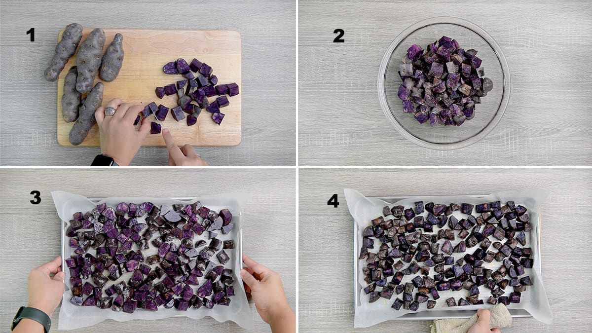 four step collage of roasting purple potatoes - chopping, tossing, spreading on a sheet tray and baking