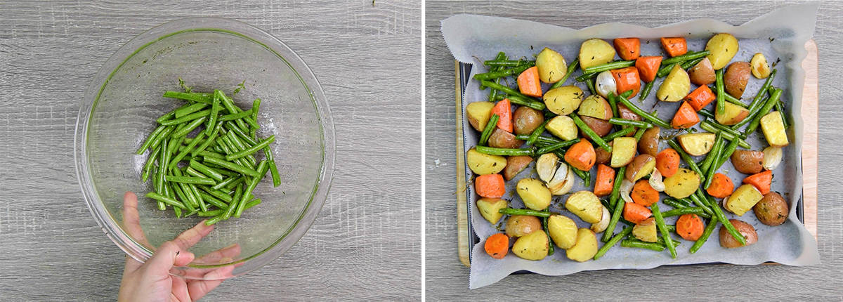 tossing green beans in bowl with oil, seasonings and then mixing with potatoes and carrots in sheet pan