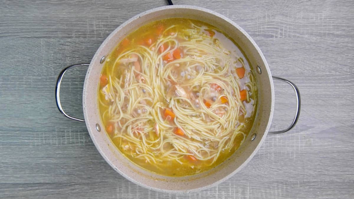 adding chicken to the broth in pot for chicken noodle soup 