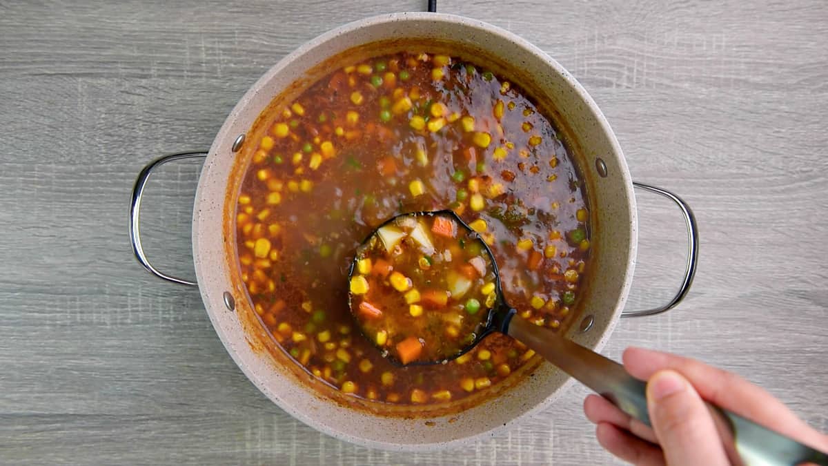 vegetable soup in Dutch oven with ladle