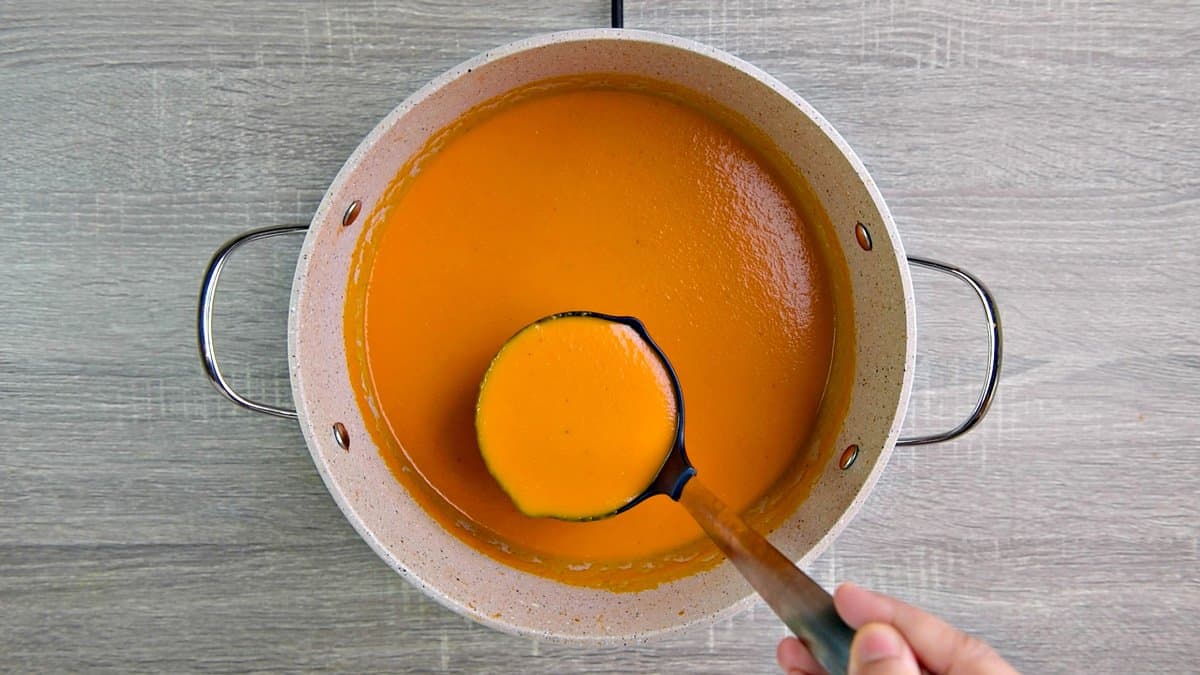 pot of tomato soup with ladle. 