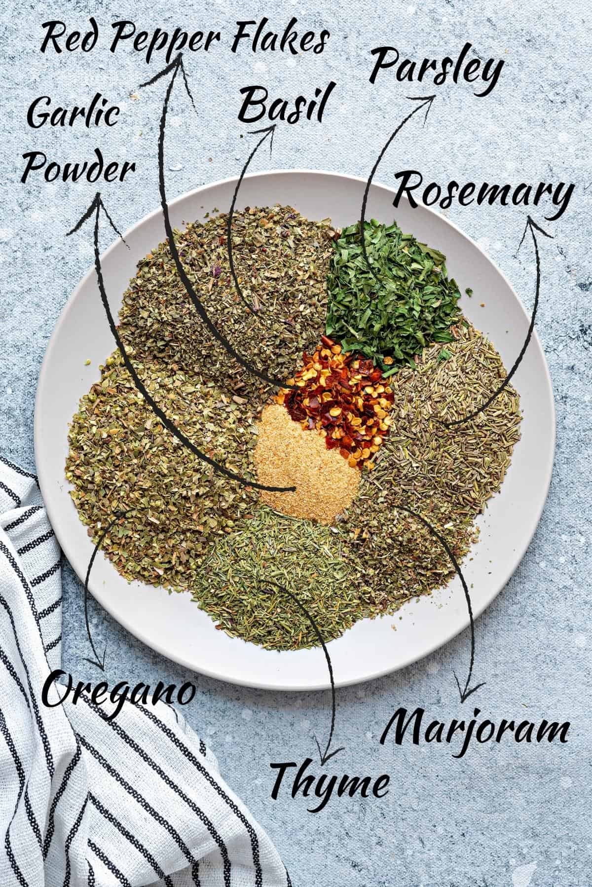 Italian Dried herbs and spices measured out and kept on a plate.