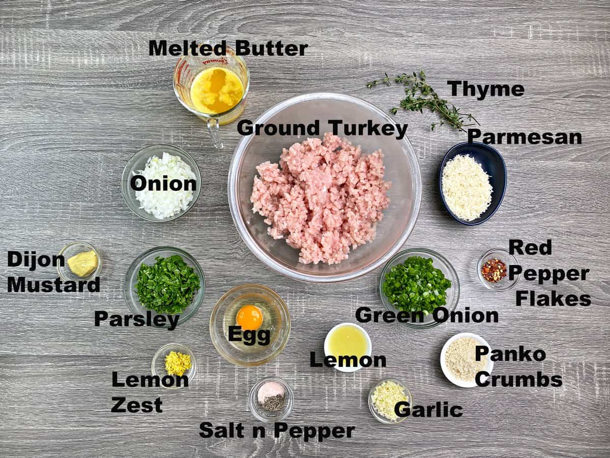 Each ingredient correctly measured into glass bowls for turkey meatballs and lemon sauce.