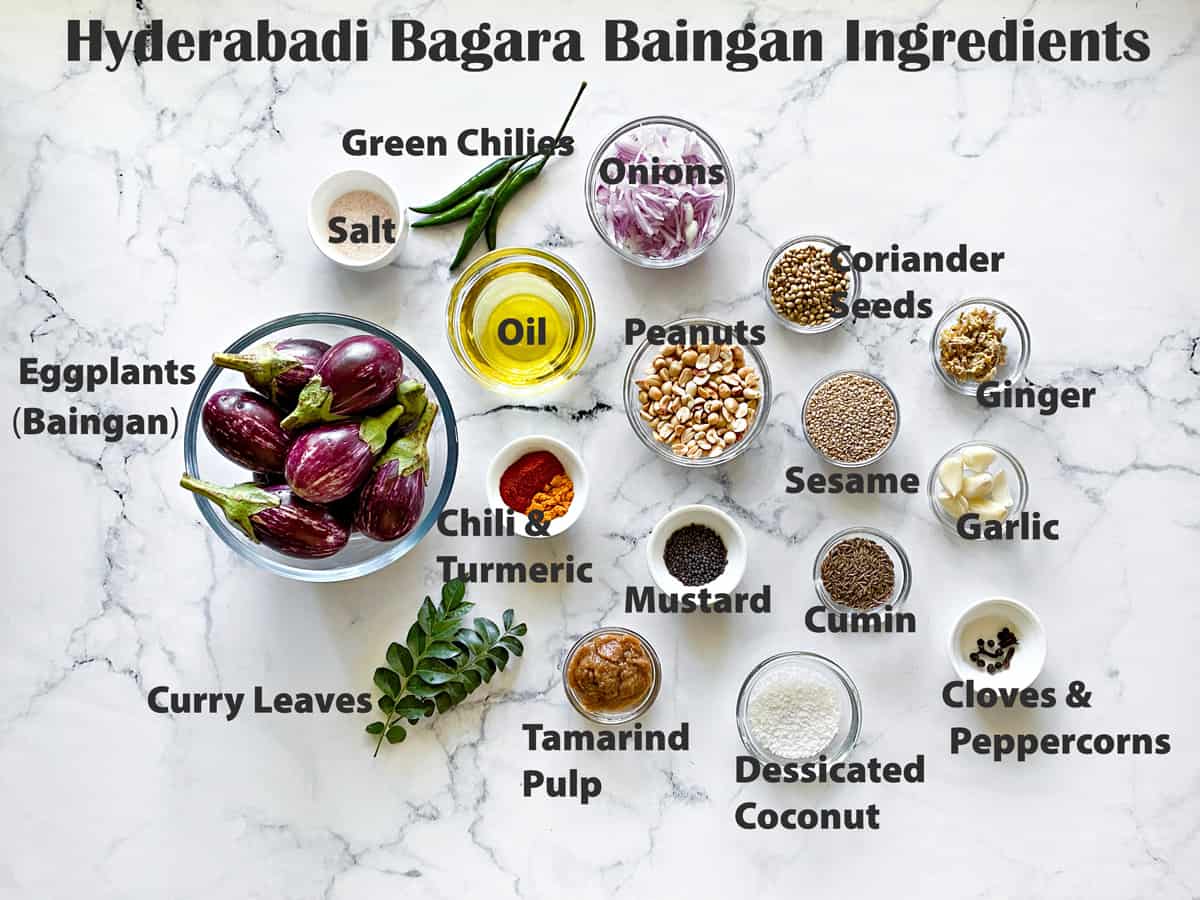Ingredients for bagara baingan recipe measured in small bowls and placed on white table.