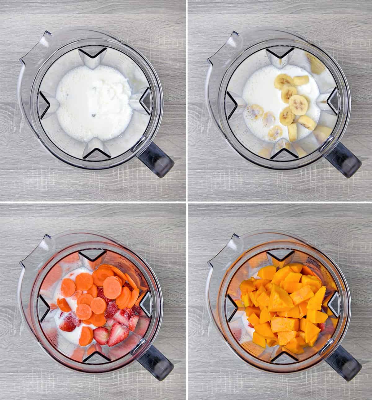 four step collage of adding milk, yogurt, banana, carrot, mango and strawberries in a blender jar.