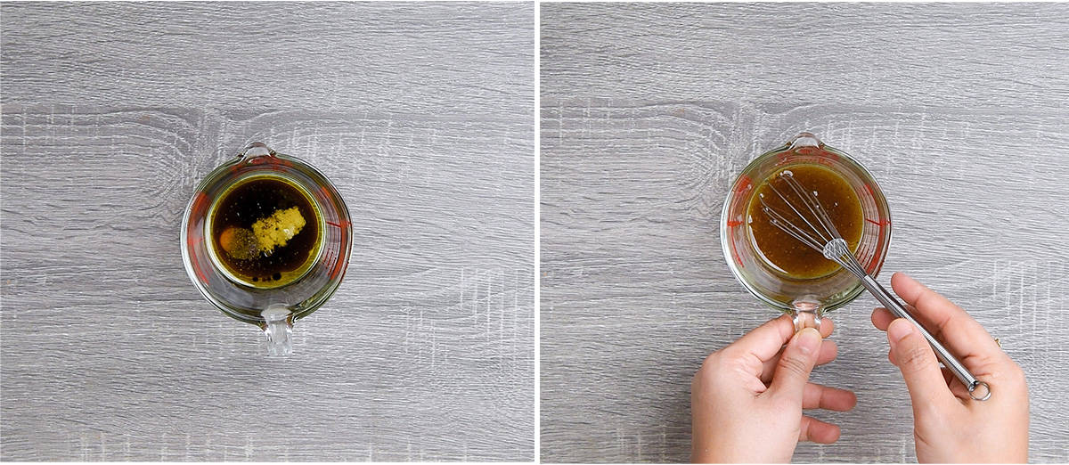 hands adding salad dressing ingredients in bowl and then whisking to make balsamic dressing.