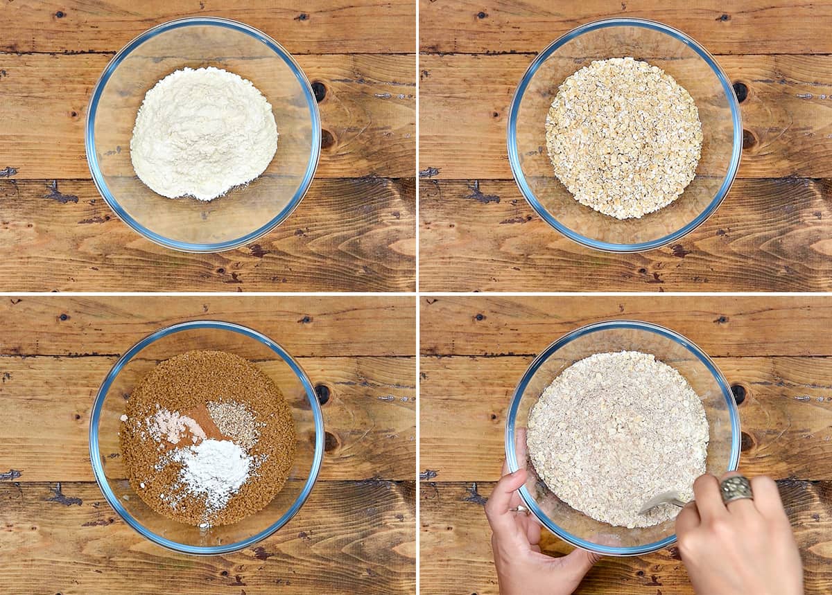 Combining flour, oats, sugar, cinnamon, nutmeg, baking powder, and salt in bowl to make oats mixture.