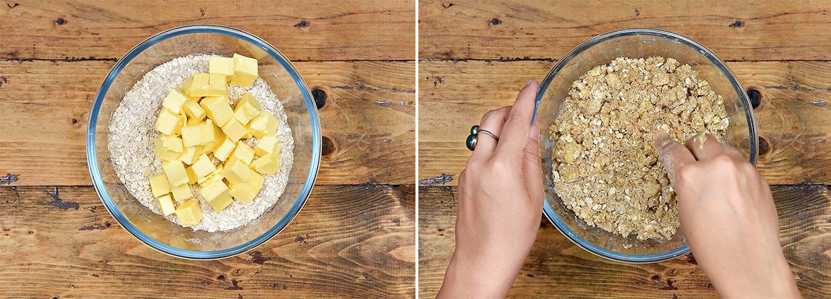 Combining oats mixture with cubed butter in bowl using fingers to make crumble topping.