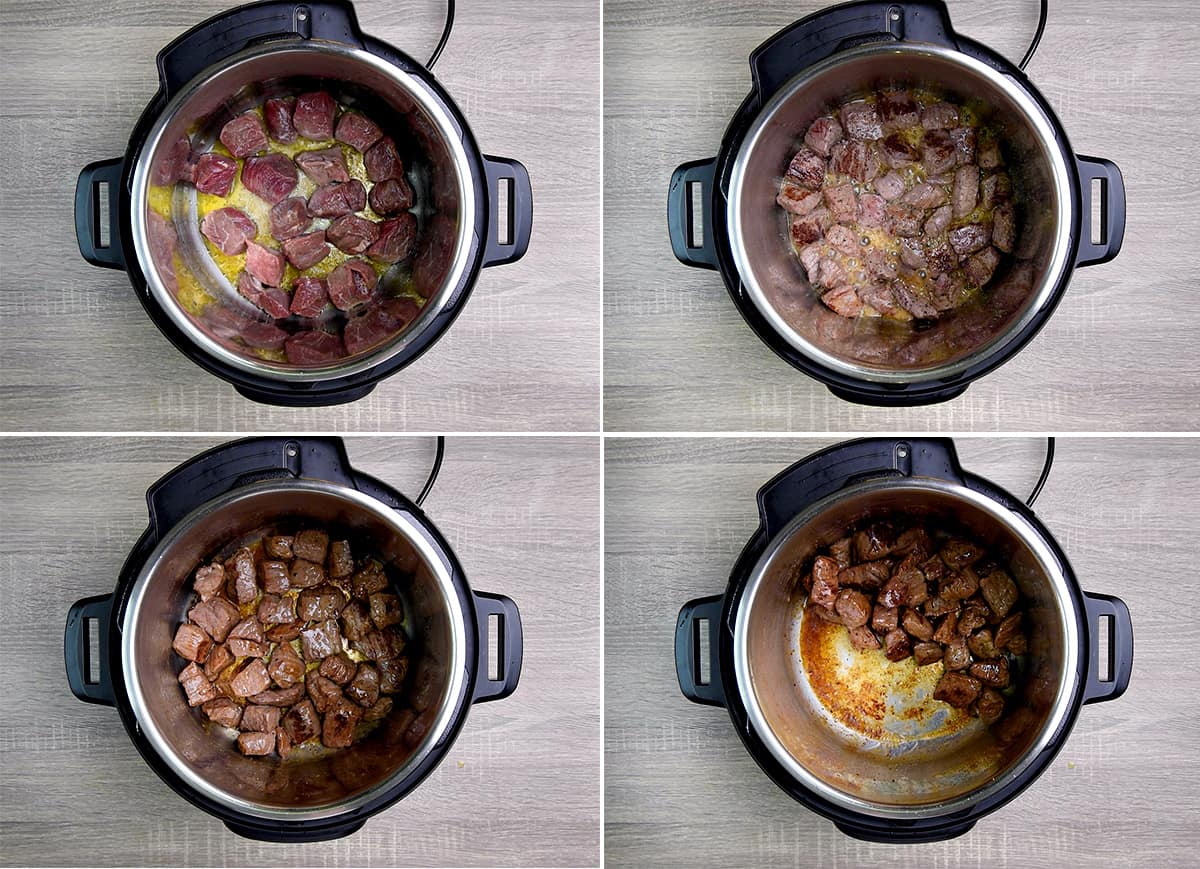 four step collage showing beef stew meat searing in oil, and seasonings in the instant pot.