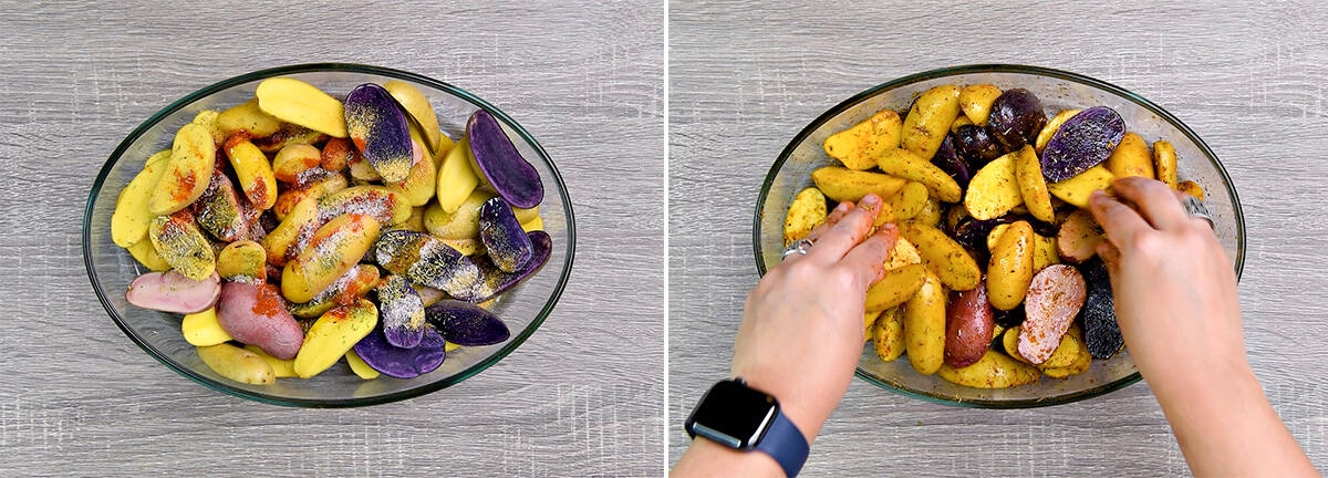 Halved raw fingerlings in a bowl, tossed in spices using hands.