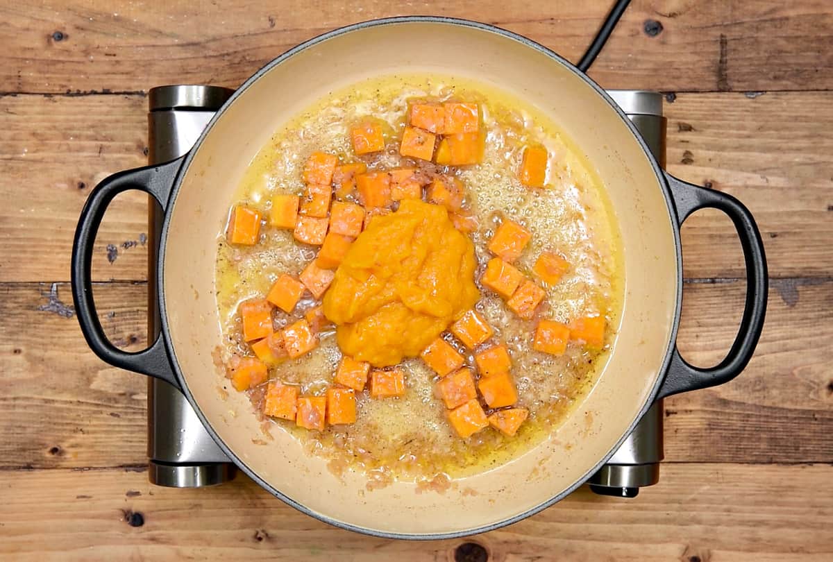 Butternut puree added to the pot.