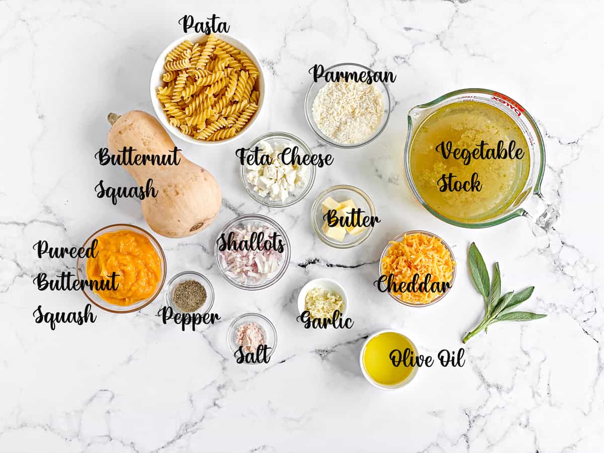 Ingredients for pasta recipe measured in bowls and laid on white table.