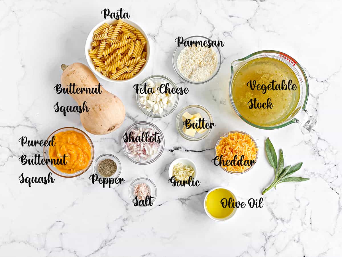 Ingredients for pasta recipe measured in bowls and laid on white table.