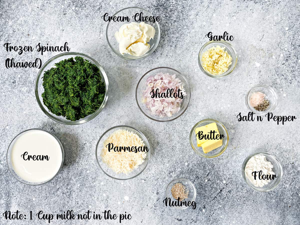 Creamed spinach recipe ingredients in individual bowls,.