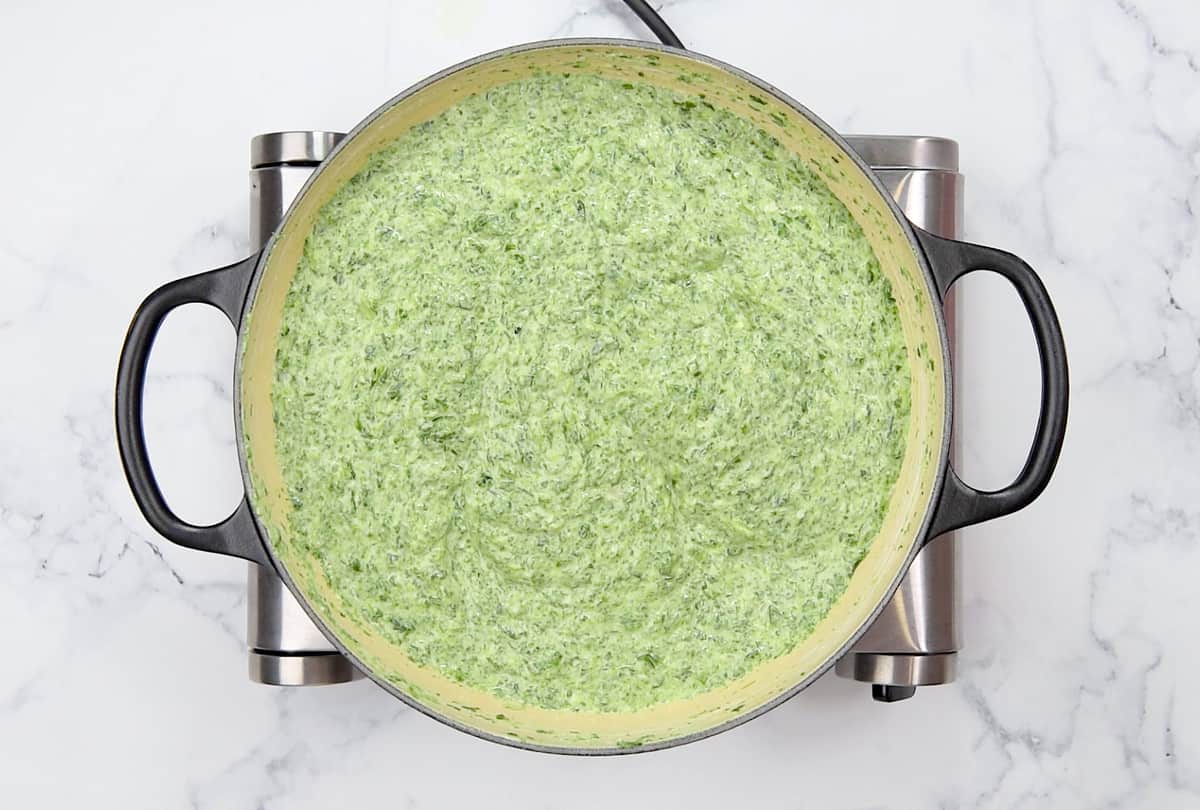 Creamy spinach in a large cooking pot.
