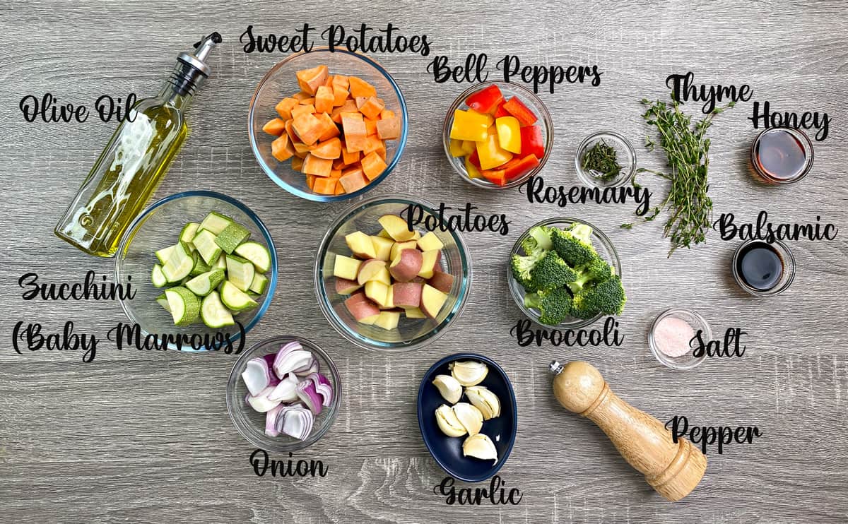 Ingredients measured in bowls for the oven roasted vegetables recipe.