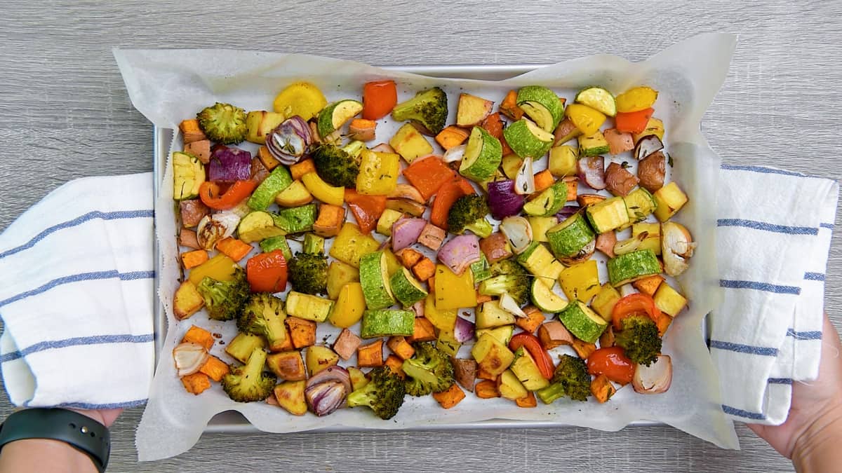 Oven roasted vegetables fresh from the oven.