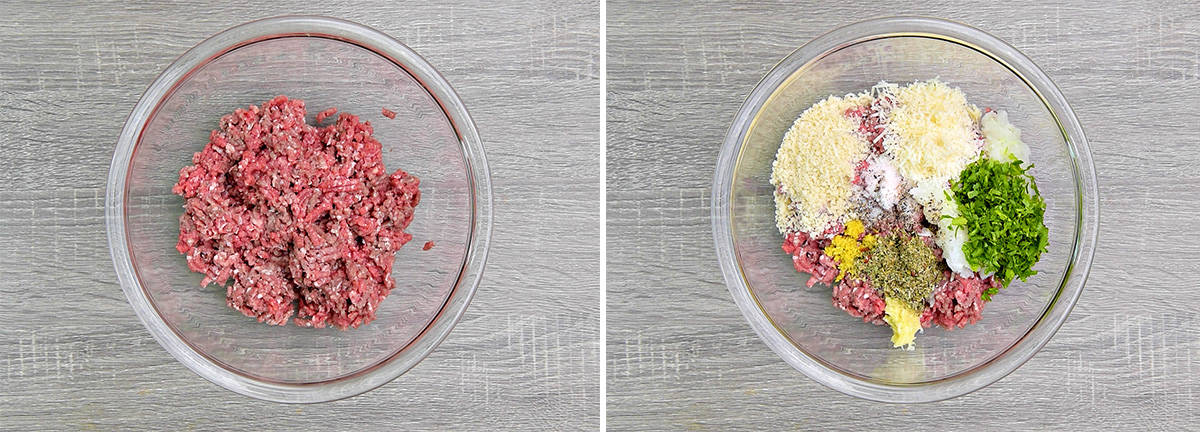 two step process: ground beef in glass bowl, and then the spices in the same bowl.