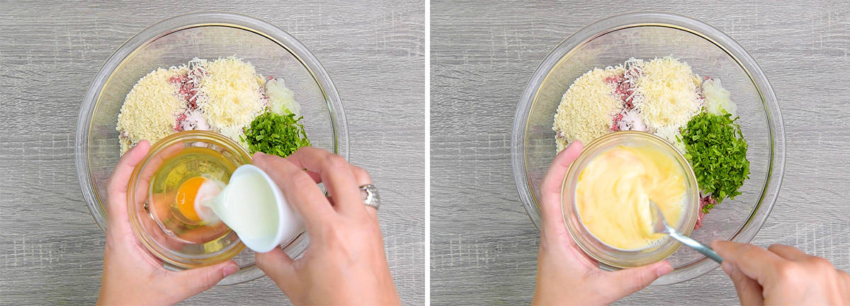 Hands adding milk to glass dish with egg. Hands whisking together milk and egg in glass dish.