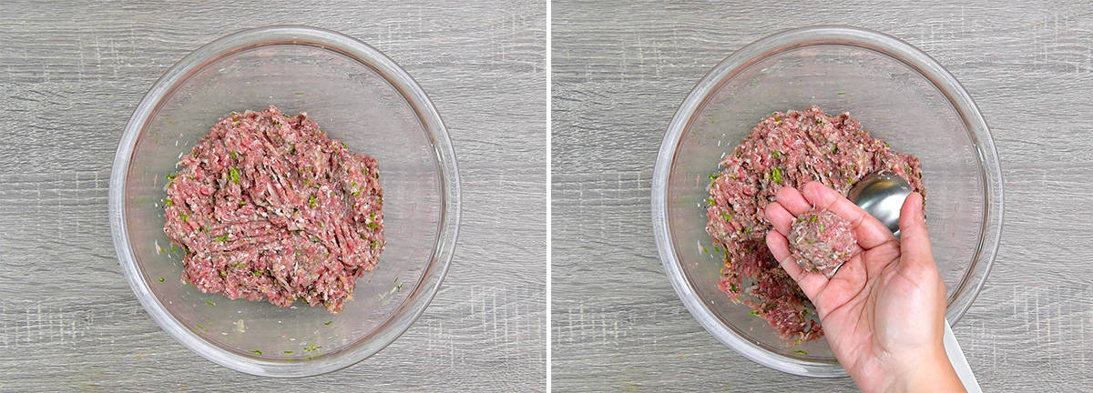 Hand shaping ground beef mixture into smooth ball shape.