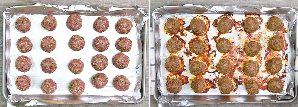 Baked meatballs before and after on a foil lined baking sheet.