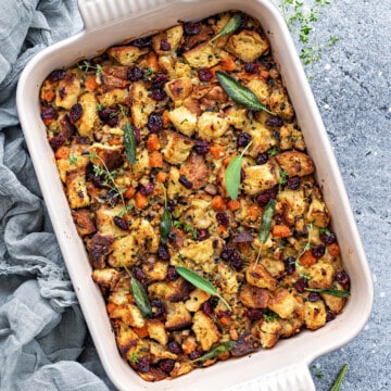 Top down rectangle casserole with vegetarian stuffing recipe fully made.