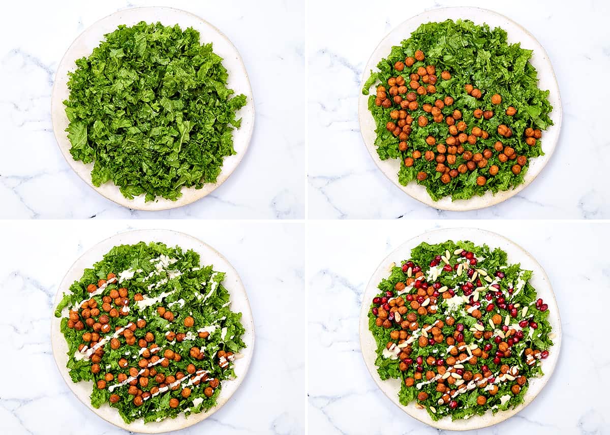 How to load a salad: individual steps for placing kale on a plate, adding chickpeas, tahini sauce, pomegranates and pine nuts.