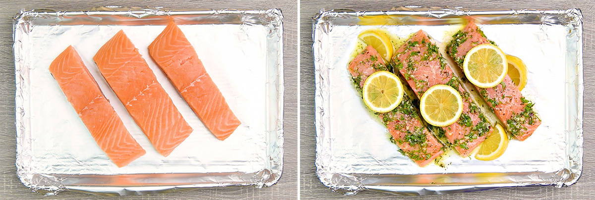 Three salmon fillets placed on a lined baking sheet pan and topped with the marinade.