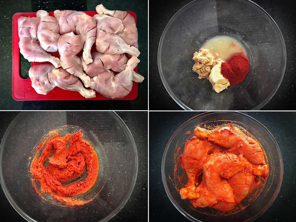 four step process for the preparation and first marination of chicken for tandoori recipe.