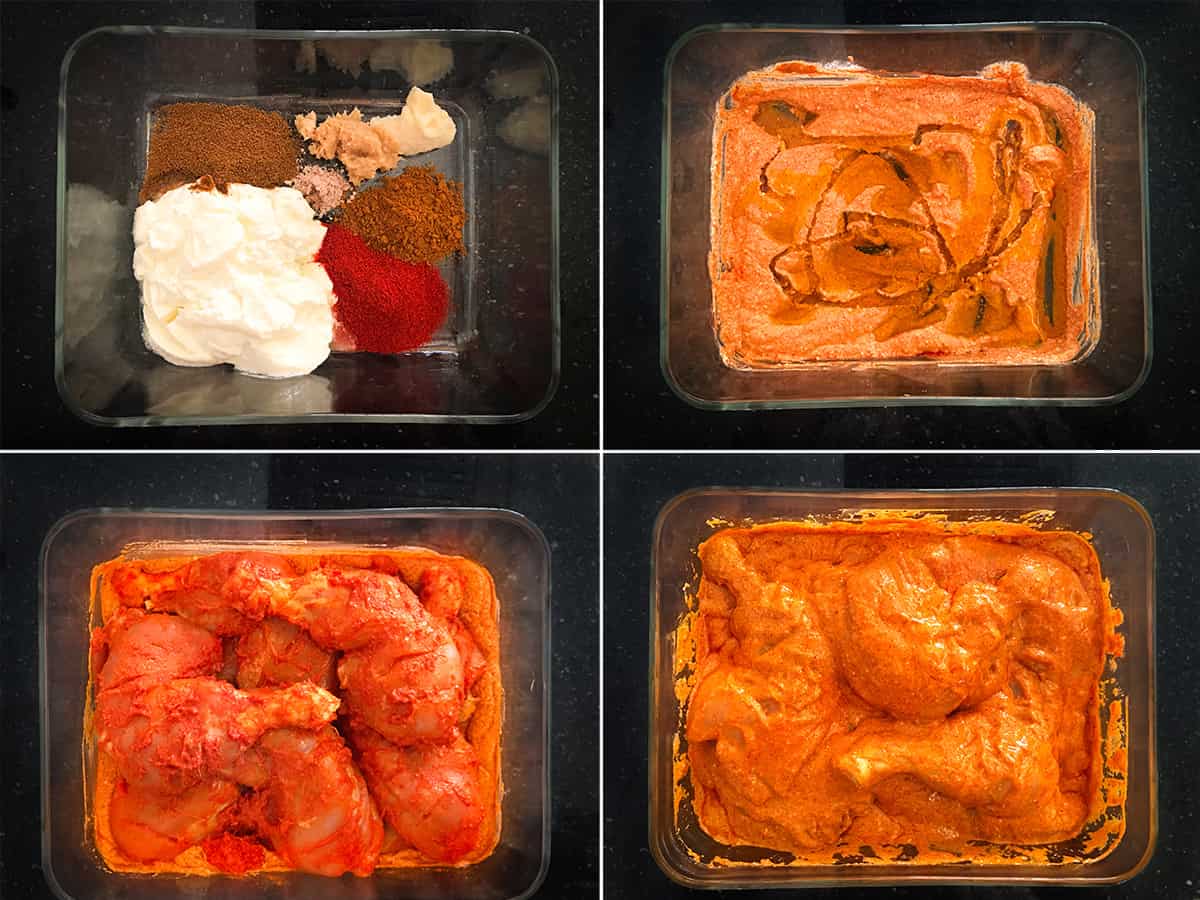 four step process of second marination to make chicken tandoori.