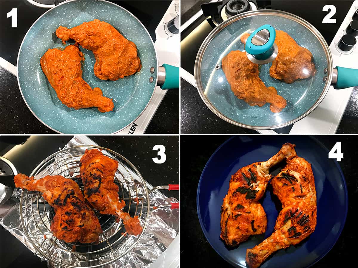 four step process to cook chicken tandoori at home on stovetop.