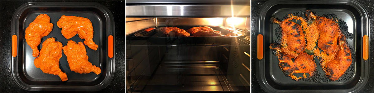 three step process to bake tandoori chicken in oven.