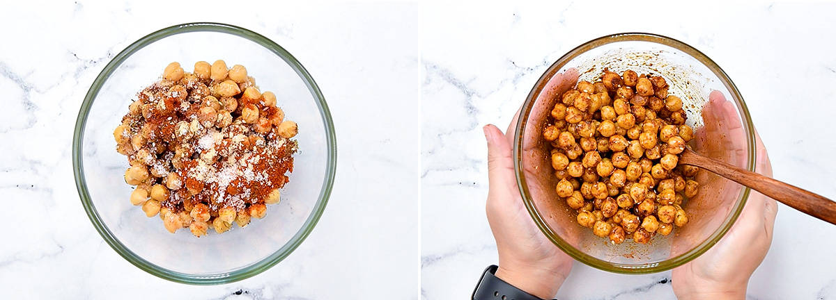 Chickpeas in a glass bowl, tossed with seasonings.