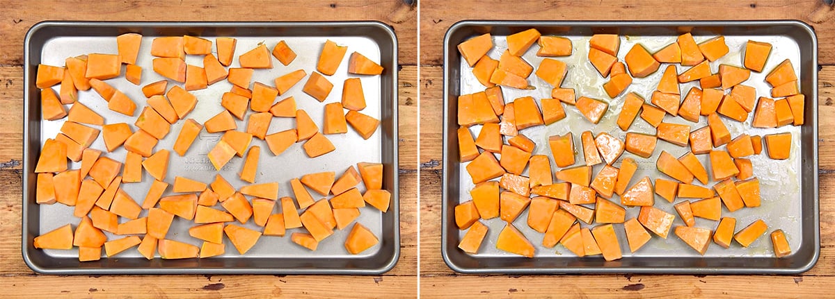 pumpkin cubes placed on baking tray and tossed with olive oil. Ready to go in oven.