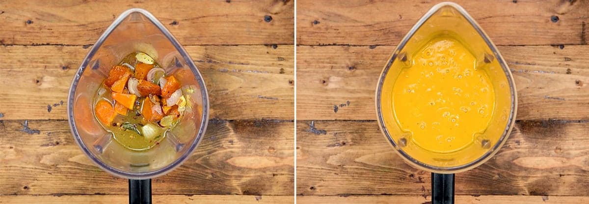 Blended pumpkin soup in a blender jar.