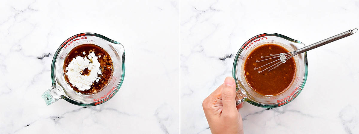 Two step collage: one the addition of cornstarch to the sauce ingredients in a glass dish, the other with a hand holding the dish after stirring.