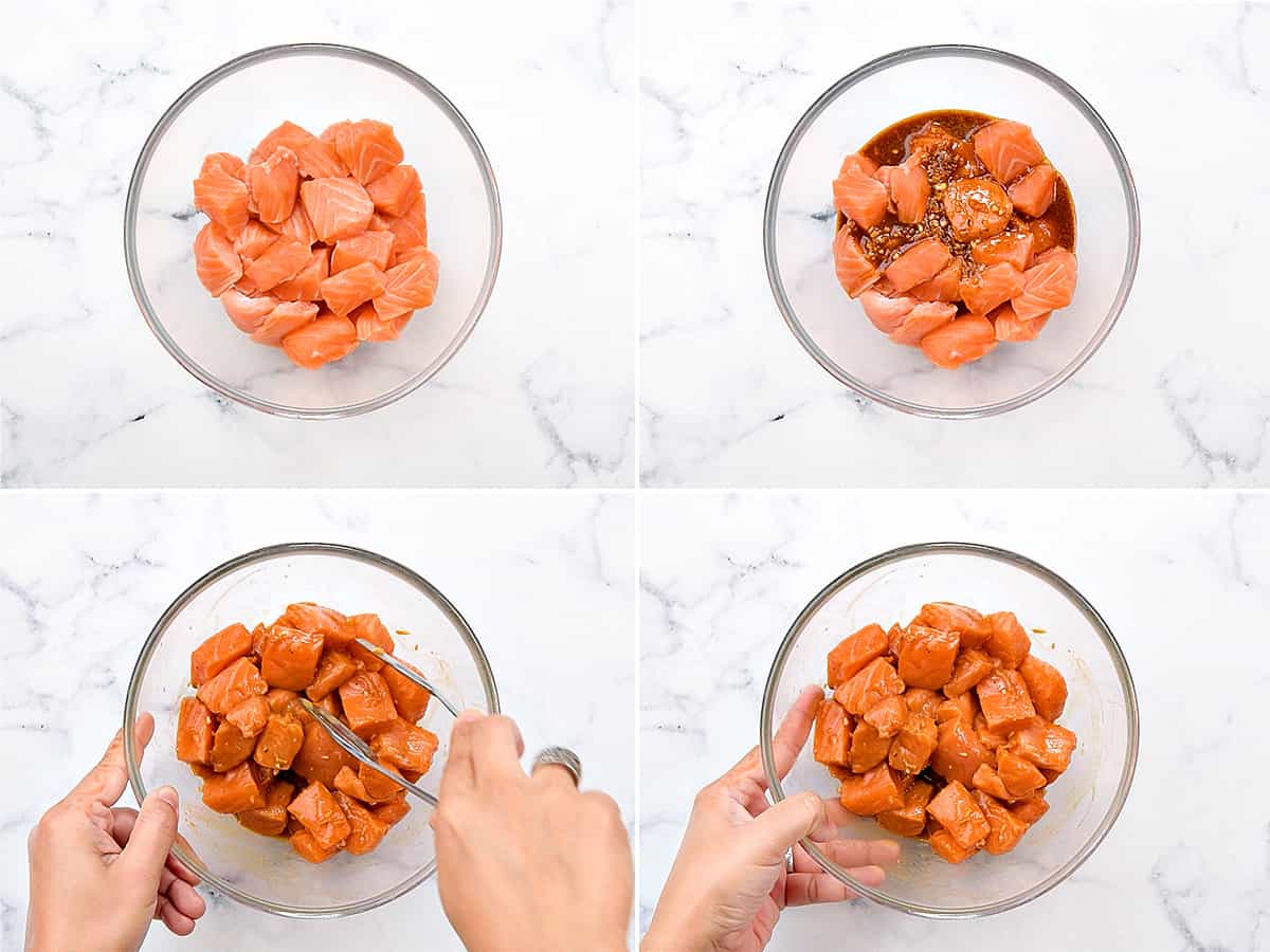 Easy recipe steps: Adding salmon pieces to a glass bowl, adding sauce, stirring, and marinating.
