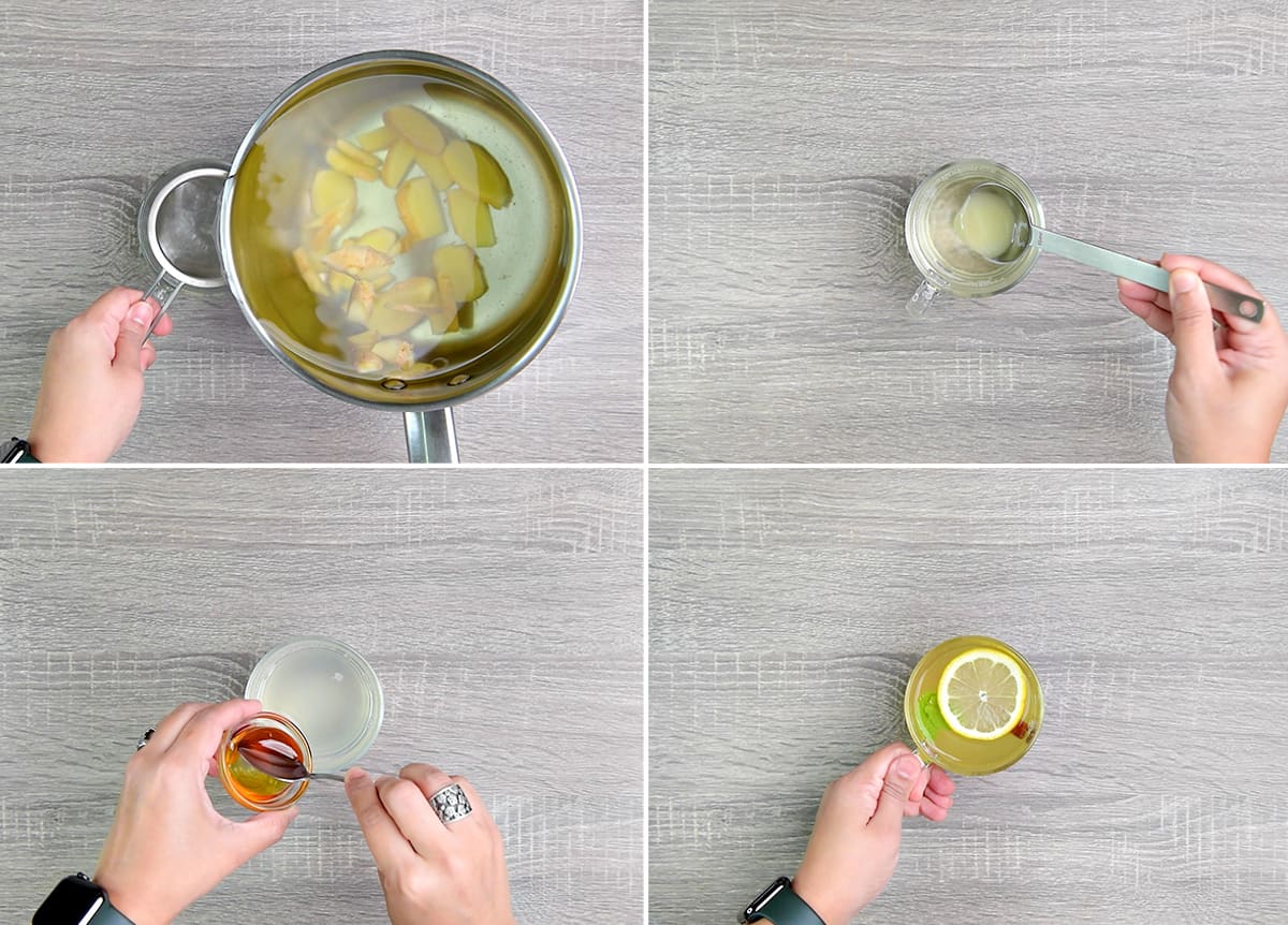 Straining the tea into a glass.Then,  adding lemon, honey, mint to the tea.