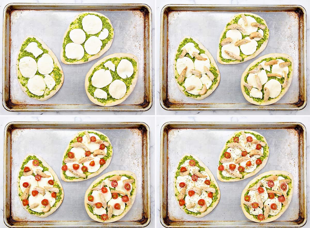 four steps for how to build homemade pizza on naan bread. 1) Adding slices of mozzarella to 3 pieces of naan with pesto. 2) Adding on shredded cooked chicken. 3) Adding on cherry tomatoes. 4) Final shot before baking.