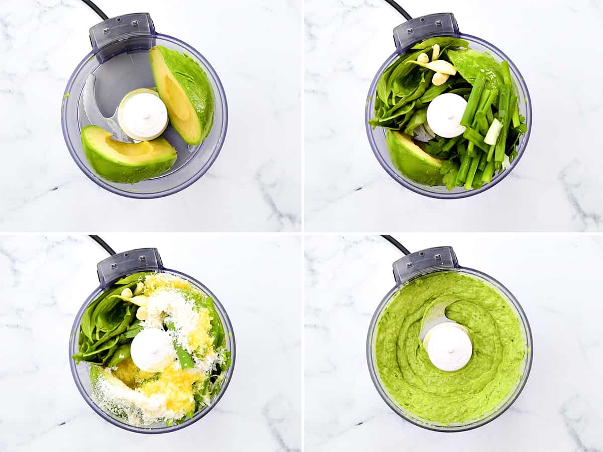 four step collage showing how to make creamy avocado sauce in a food processor.