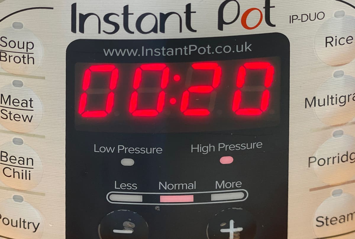 Instant pot timer set to 20 minutes on high pressure